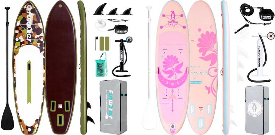 brown camo and pink inflatable paddle boards with accessories 