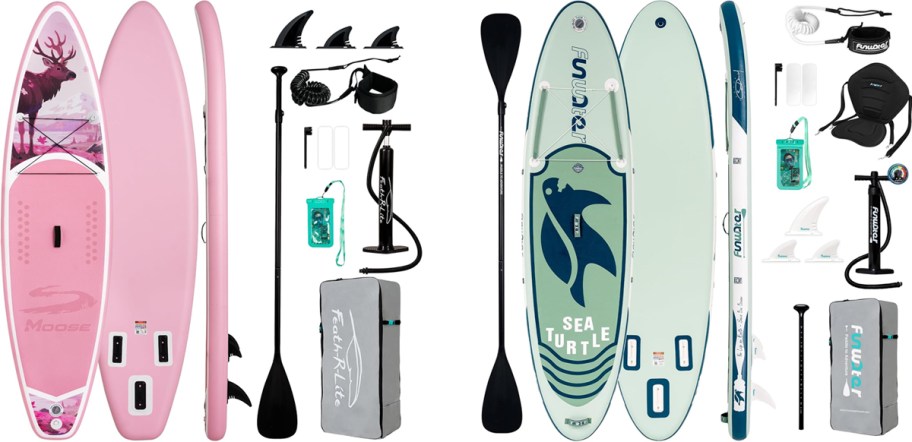 pink and green paddle boards with accessories