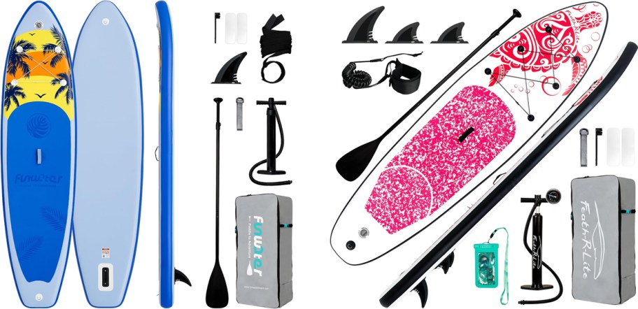 blue and red paddle boards with accessories