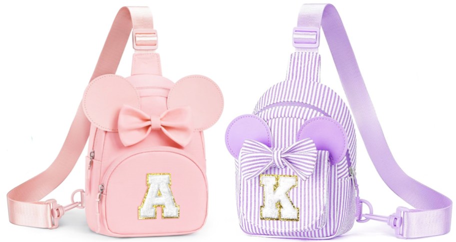 pink and purple sling bags with mouse ears and initial patches