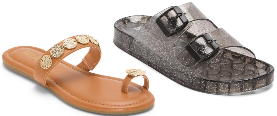 tan and black pairs of sandals