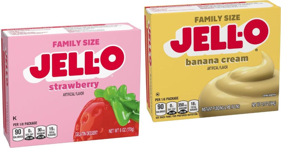 Stock images of boxes of Jell-O Strawberry Gelatin and Banana Pudding Mixes