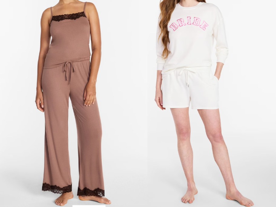 two women modeling brown and white pajama sets