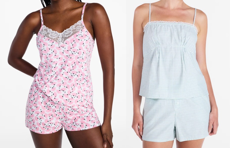 two women in floral and plaid print pajama sets