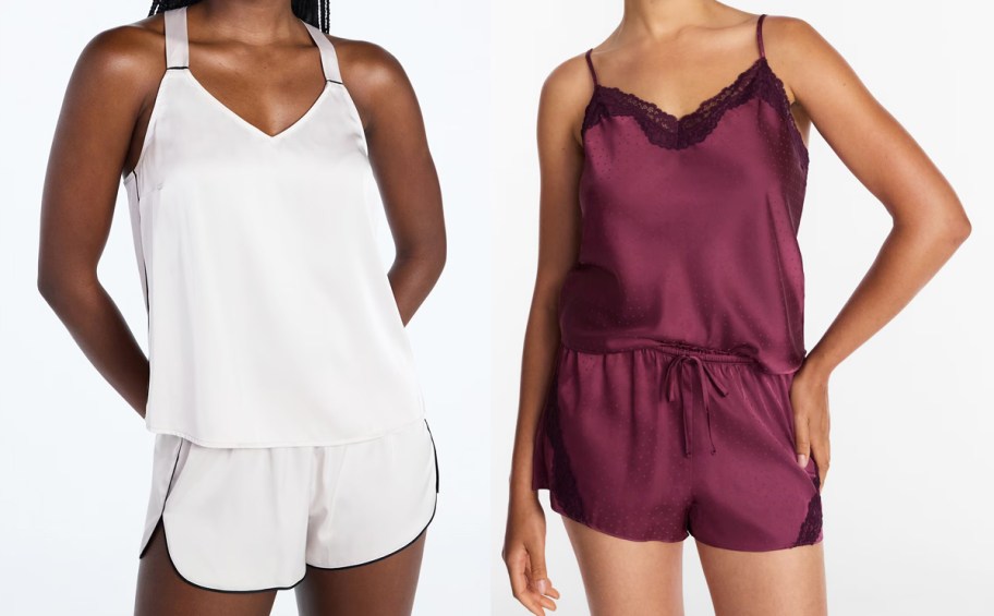two women in white and maroon satin pajama sets