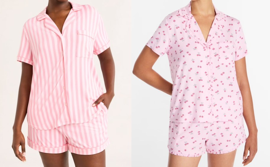 two women in pink pajama sets