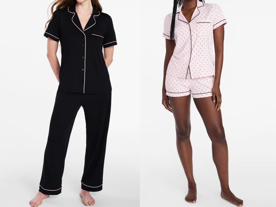 two women in black and pink pajama sets