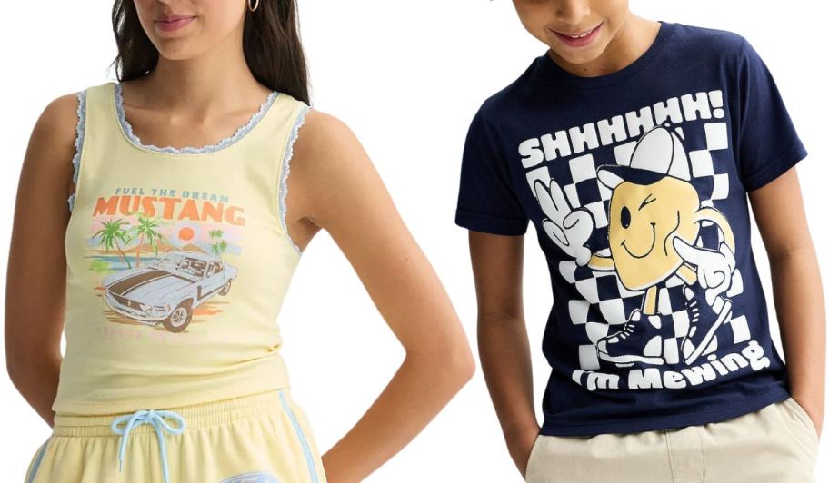 junior wearing a yellow graphic tee and boy wearing a black graphic tee