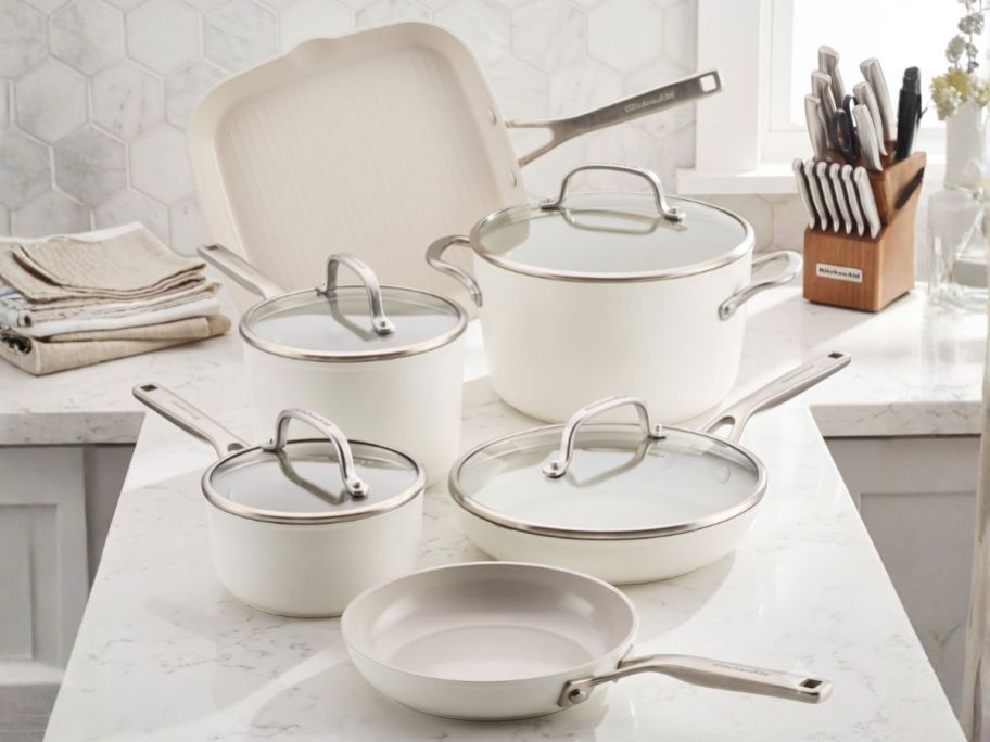 KitchenAid 10-Piece Hard-Anodized Ceramic Induction Cookware Set on counter