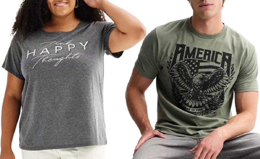 Stock images of a woman and a man wearing t-shirts from Kohl's