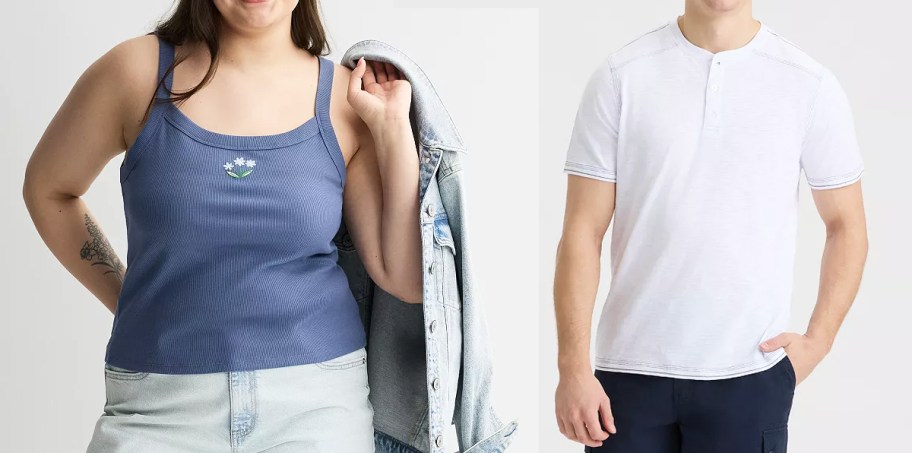 women in blue tank and man in white shirt