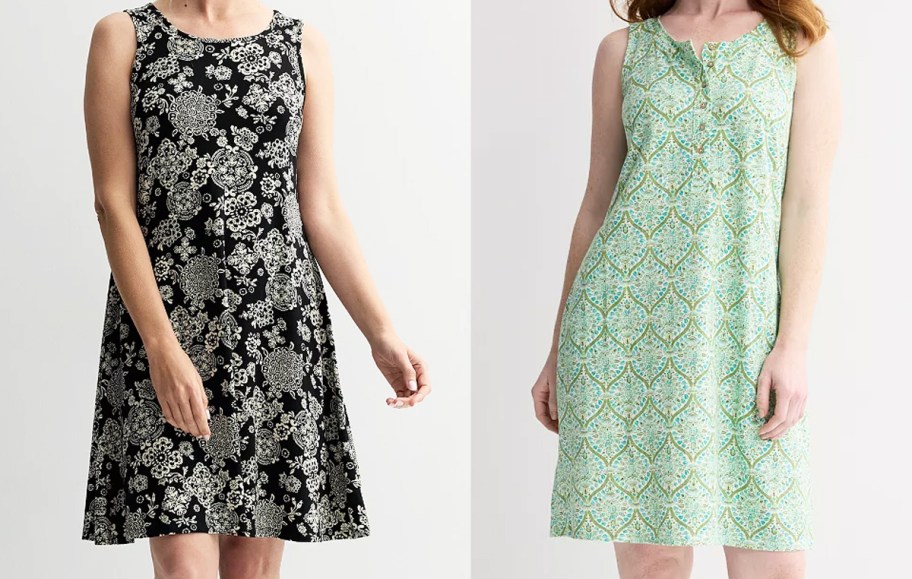 two women in black and green dresses