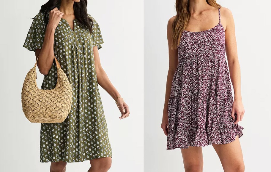 two women in green and red floral print dresses