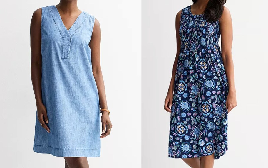 women in chambray and blue floral print dresses