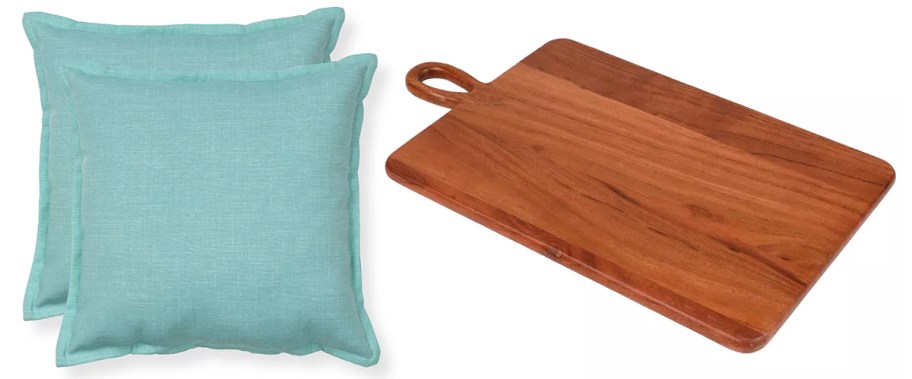 blue pillows and wood serving board