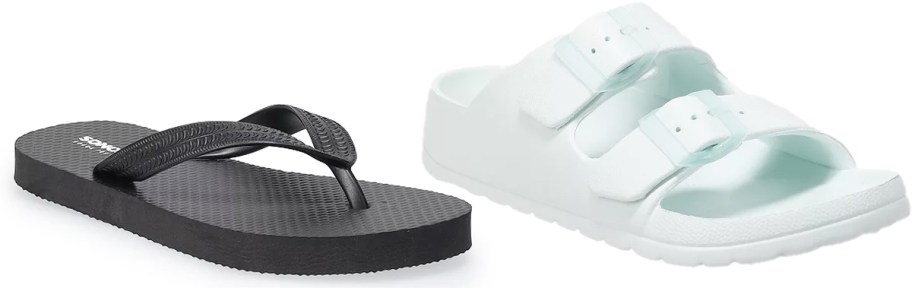 black flip flop and light blue sandal