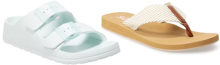 light blue slide and tan thong sandal