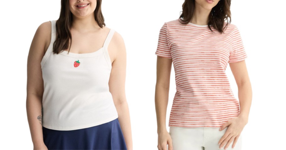 One woman posing in a white tank with a strawberry decal next to another woman wearing a red and white striped tee.