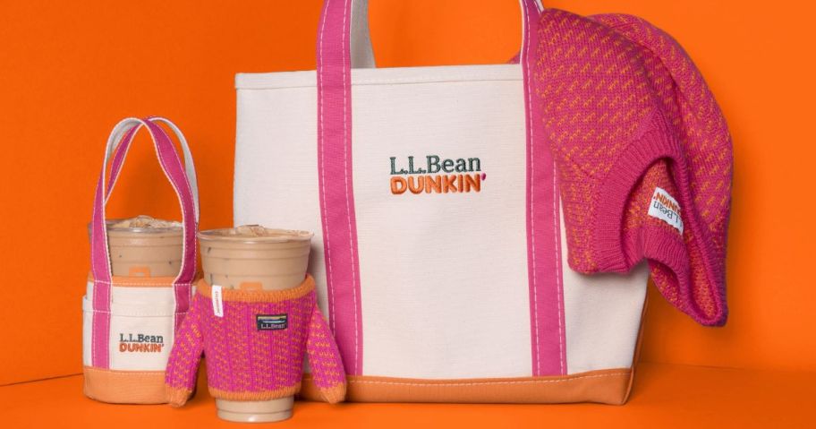 Dunkin x L.L. Bean Tote, Mini Tote cupholder, sweater cup sleeve and sweater