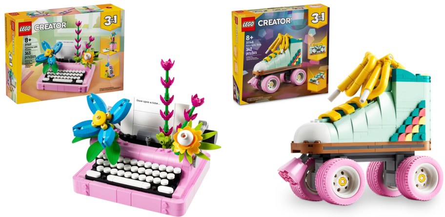 lego type writer and roller skate building sets