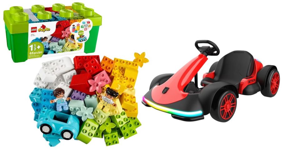 LEGO DUPLO 65-Piece Brick Box and Jetson REVV Light-Up 24V Electric Go-Kart Ride-On