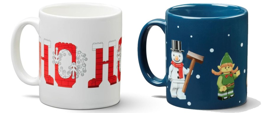 white and blue lego christmas coffee mugs