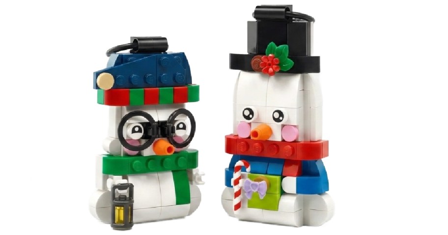 two LEGO snowmen ornaments