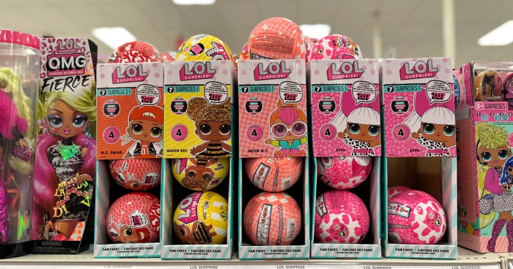 Lol surprise toys stacked on store shelf