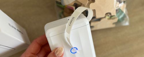 Hand holding a small wireless label maker with a label printed a bag of puzzle pieces with a label behind it