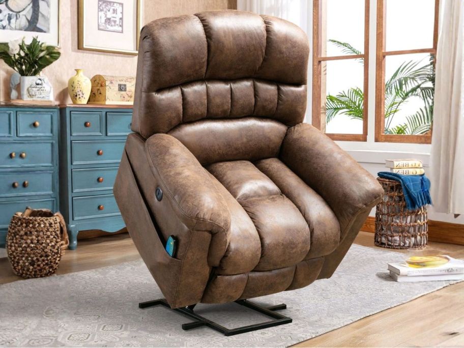 brown Latitude Run Extra Large Power Lift Recliner Chair in living room