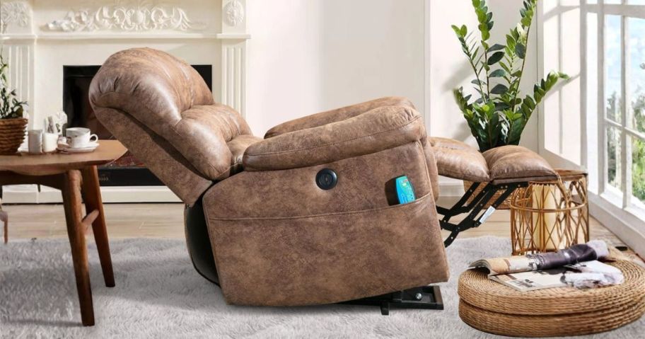 brown Latitude Run Extra Large Power Lift Recliner Chair w/ Soothing Heat & Massage in living room