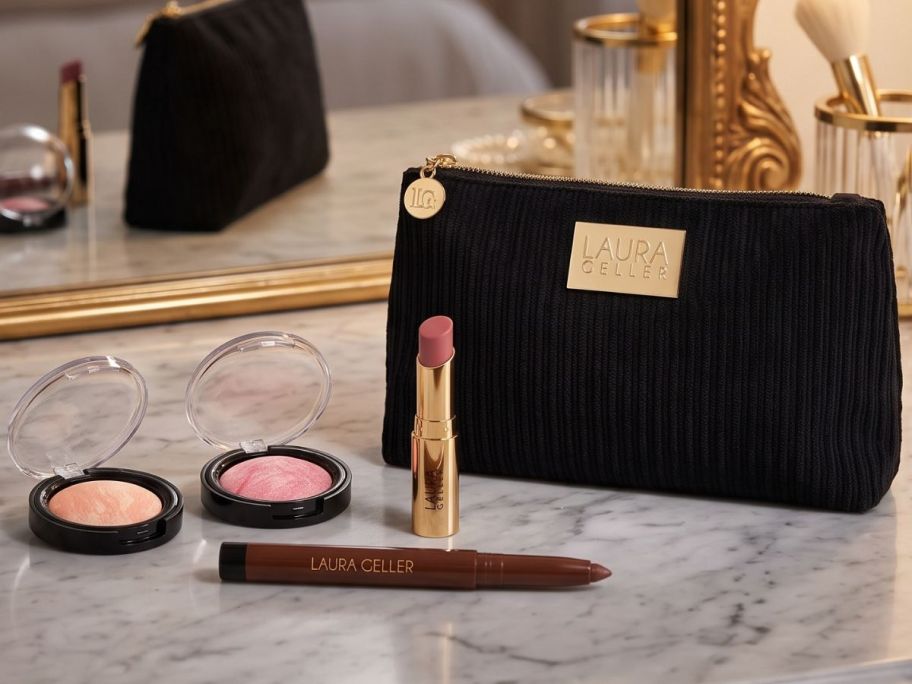 Laura Geller Travel-Sized Sampler Kit on vanity