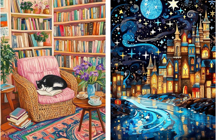 cat in library and starry night diamond art paintings