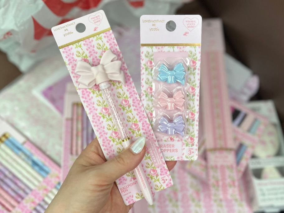 LoveShackFancy x Target pen and eraser toppers in hand
