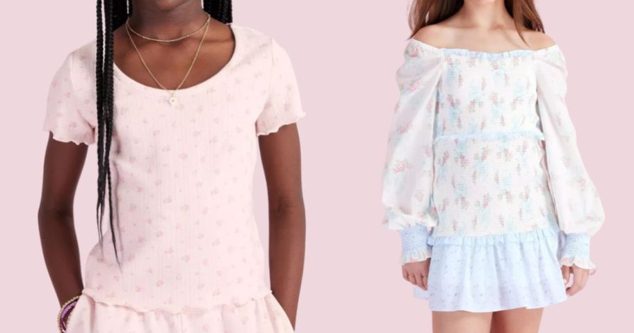 two girls wearing LoveShackFancy x Target shirt and dress