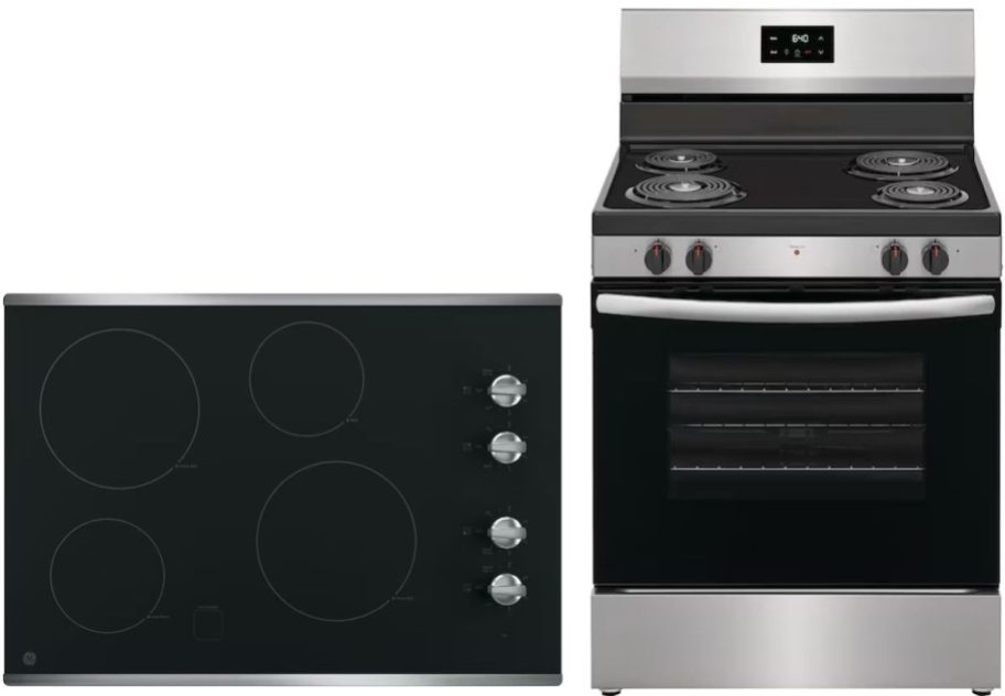 Stock images of a GE electric cooktop and Frigidaire range