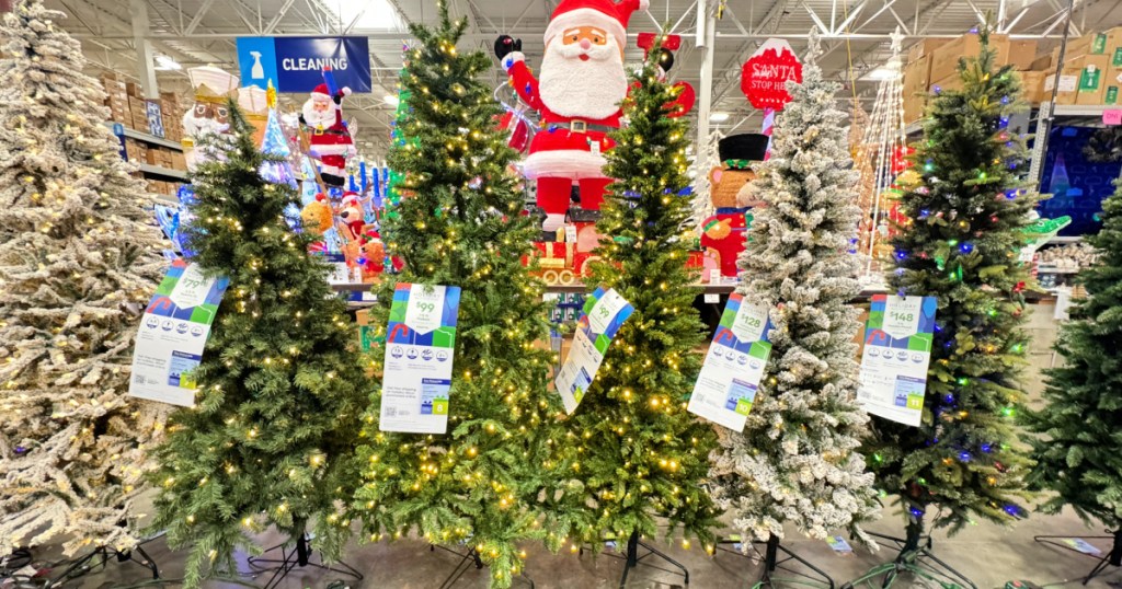 Lowe's Christmas display featuring artificial trees and Santa Claus
