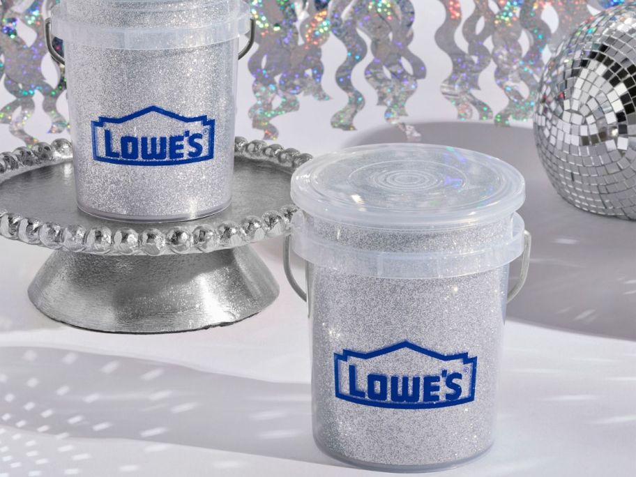 Two Lowe's Silver Glitter Mini Buckets next to a mini disco ball