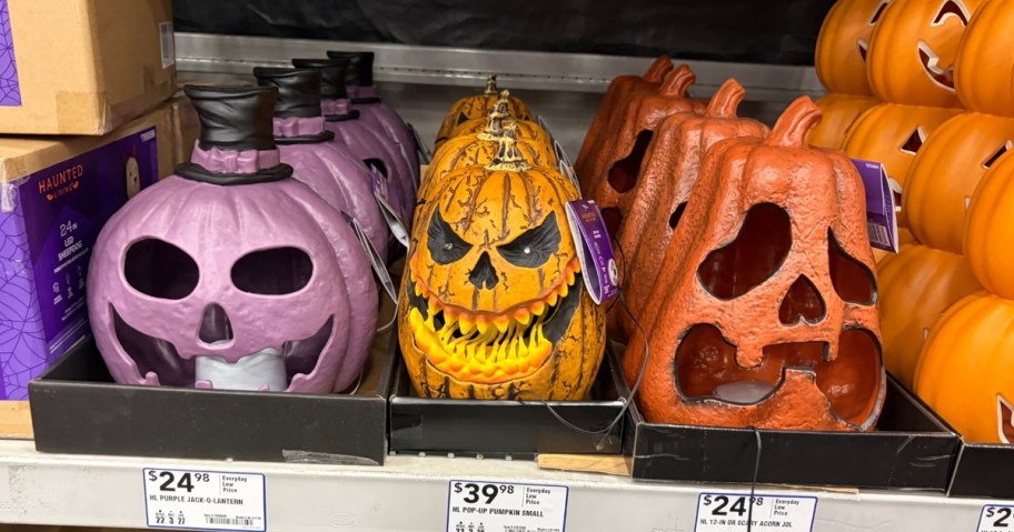 Haunted Living purple, pop-up and scary orange lighted jack-o&rsquo;-lantern decorations at Lowe&rsquo;s