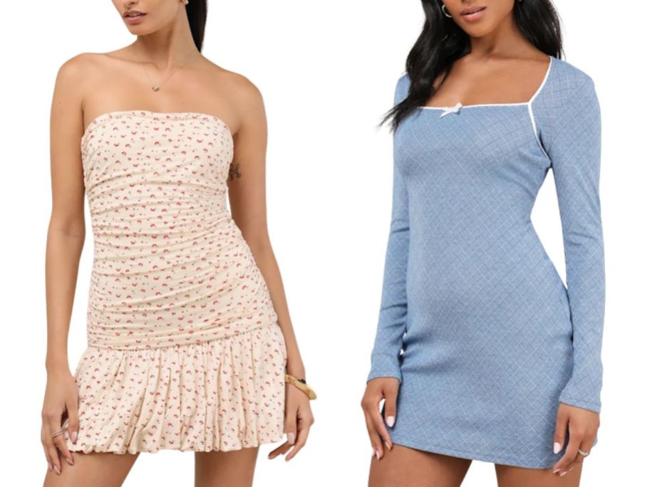 two women wearing Lulus Diella Cream Cherry Print Strapless Bubble-Hem Mini Dress and Precious Charisma Blue Plaid Long Sleeve Lace Bow Mini Dress