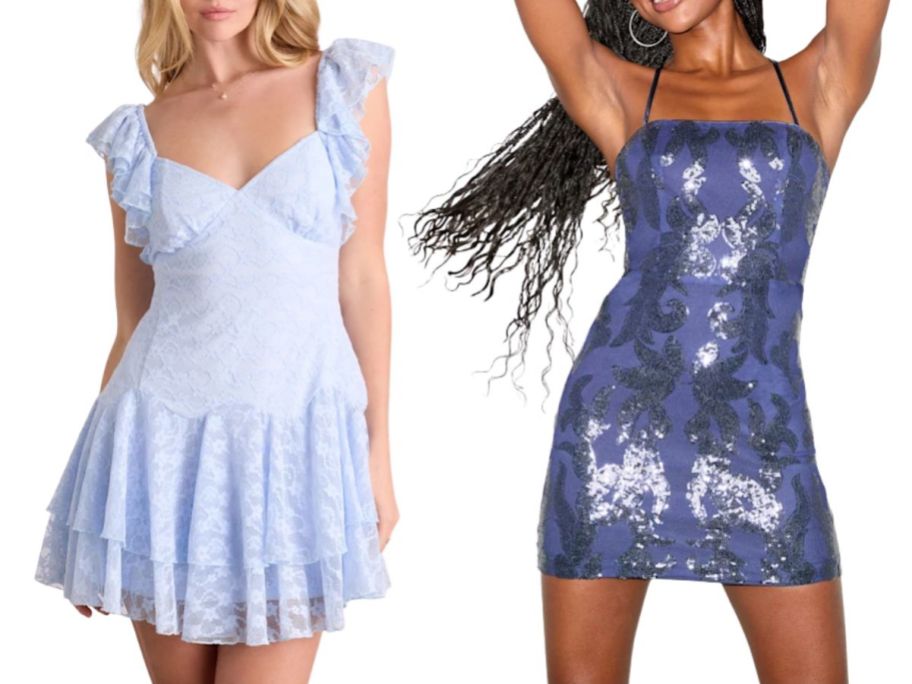 two women wearing Lulus Sabriella Dusty Blue Lace Tiered Mini Dress and Sincerest Shine Navy Blue Sequin Lace-Up Mini Dress