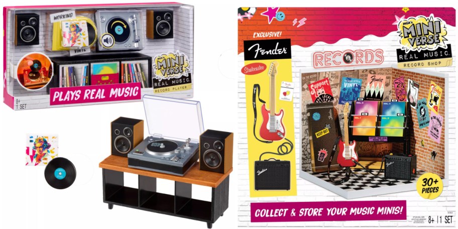 MGA's Miniverse Real Music sets featuring a playable record player set with speakers and tiny vinyl on the left and an exclusive Fender record shop set on the right.