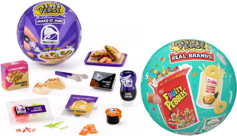 MGA's Miniverse Make It Mini sets featuring a Taco Bell collection with miniature food items on the left and a Real Brands ball featuring Fruity Pebbles and Dole pineapple on the right.