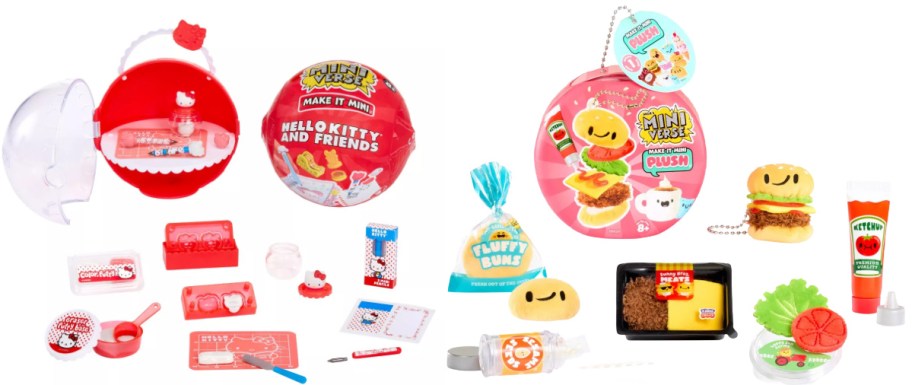 MGA's Miniverse Make It Mini sets featuring a Hello Kitty and Friends ball with crafting accessories on the left and a Make It Mini Plush burger set on the right.