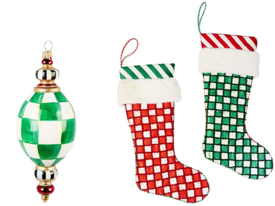 Stock images of MacKenzie Childs Ornament and 2 Christmas Stockings