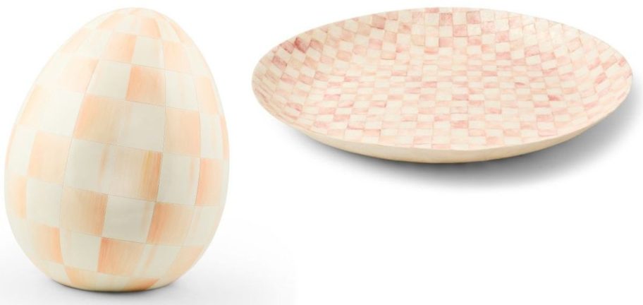 Stock images of a macKenzie Childs decorative large checkered egg and bowl