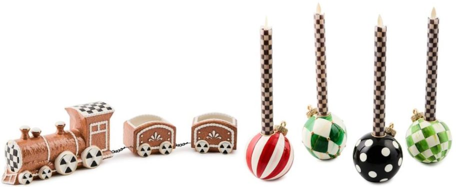 Stock images of MacKanzie Childs Gingerbread Train and Ornament Candle Holders