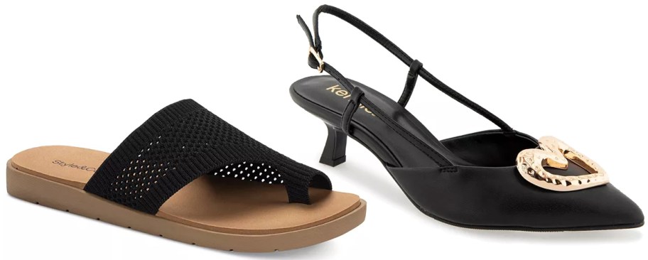 black sandals and black pumps