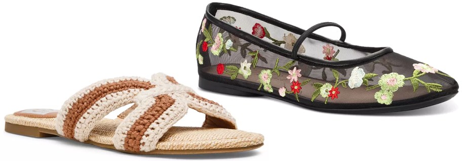 brown/white sandal and black floral print flat