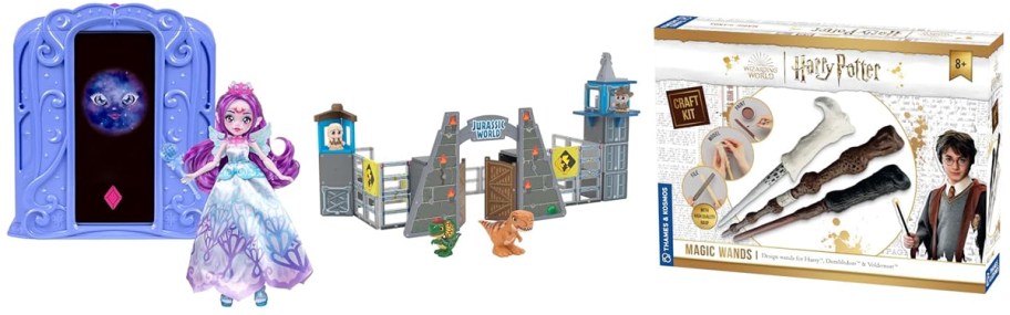 Magic Mixies Pixie Supremes Magic Mirror Doll, Tile Town Jurassic World Gate Escape Magnetic Tiles Set, Harry Potter- Magic Wands Craft Kit